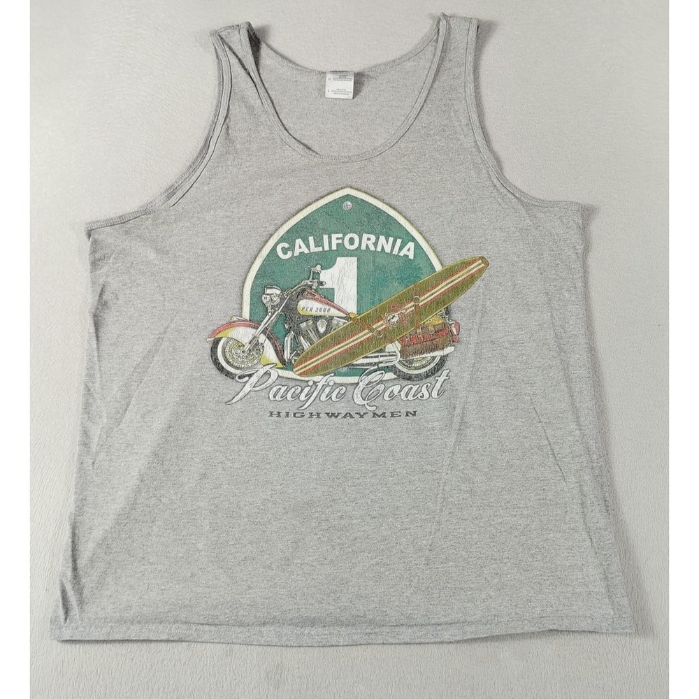 Gildan Tank Top Mens Large Gray California Pacific Coast Surf Motorcycle Summer